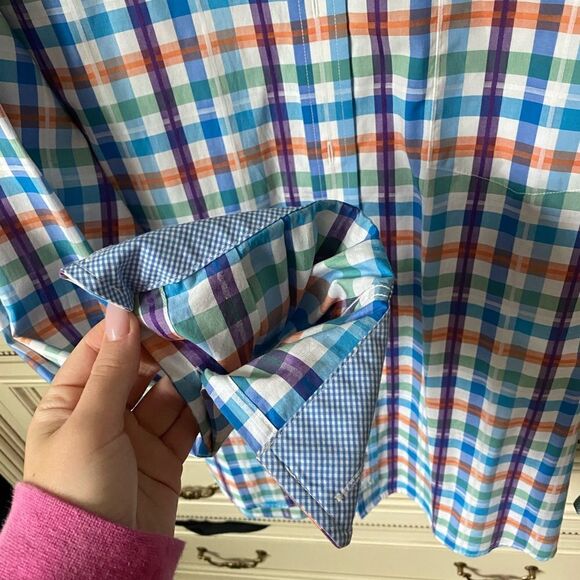 Johnston & Murphy blue orange tailored fit long sleeve button down dress shirt - Picture 2 of 5